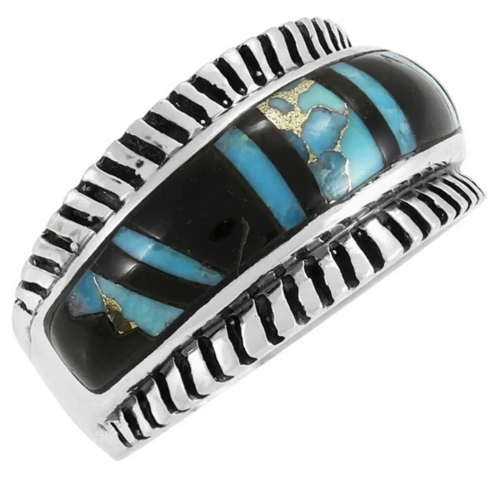 Southwestern Sterling Silver Turquoise & Black Onyx Inlay Band Ring New